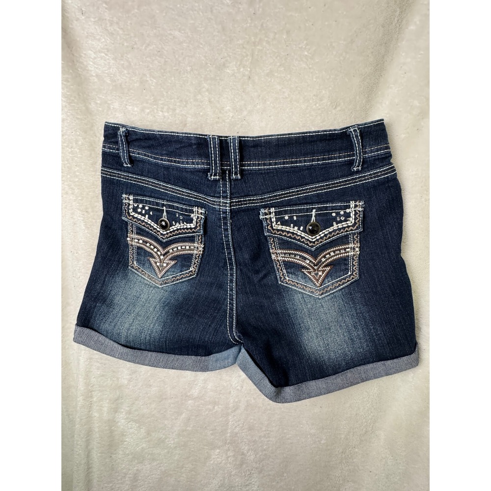 Cato Shorts Womens 8 Blue Denim Bermuda Rhinestone Embroidered Rolled Hem